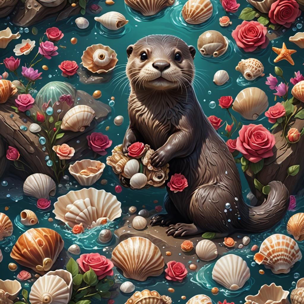 Playful Otter with Roses and Shells in Ocean