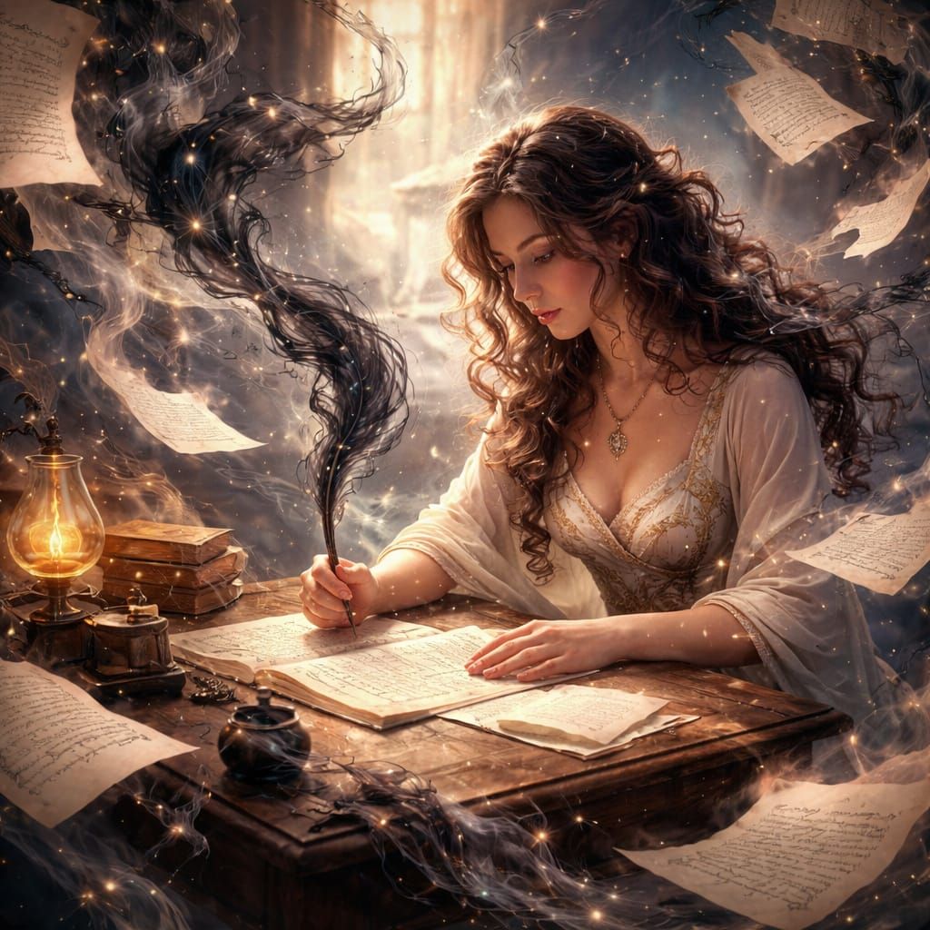 Poet Writing in a Dreamlike Digital Surrealism Scene