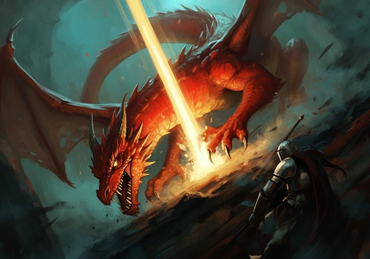 Epic Red Dragon Confronts White Knight in Dramatic, Impasto-...