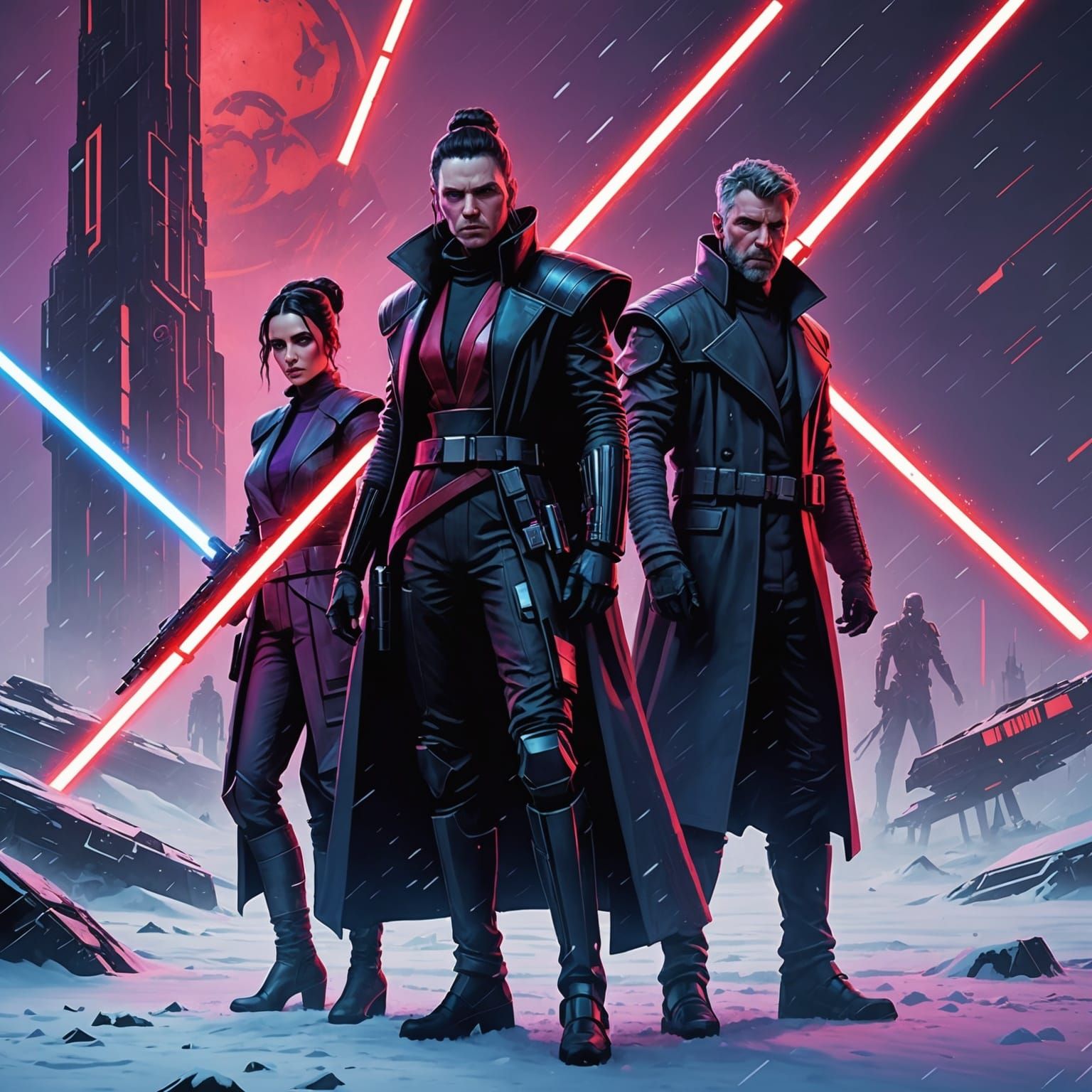 Sith Master and Apprentice on Snowy Planet in Cyberpunk Styl...