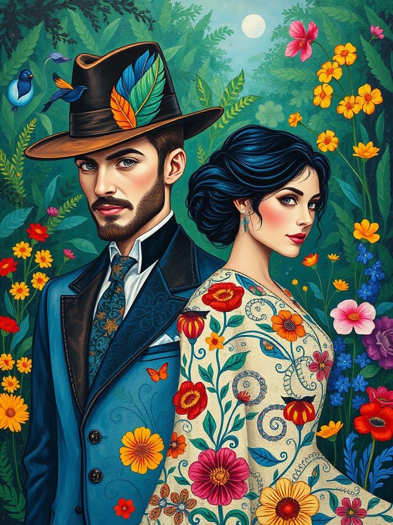 Elegant Gentleman in Whimsical Folk Art Style