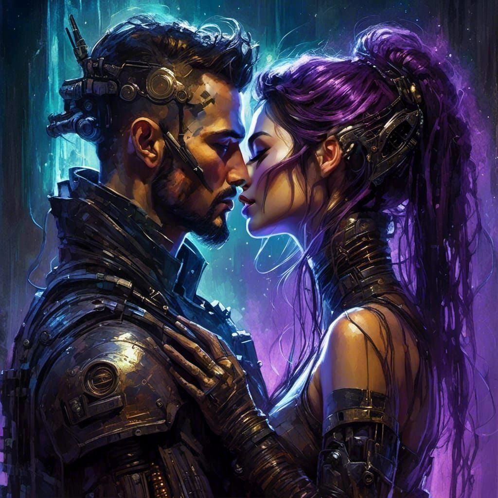 Cyborg Elf Kiss in a Trashpunk Apocalypse