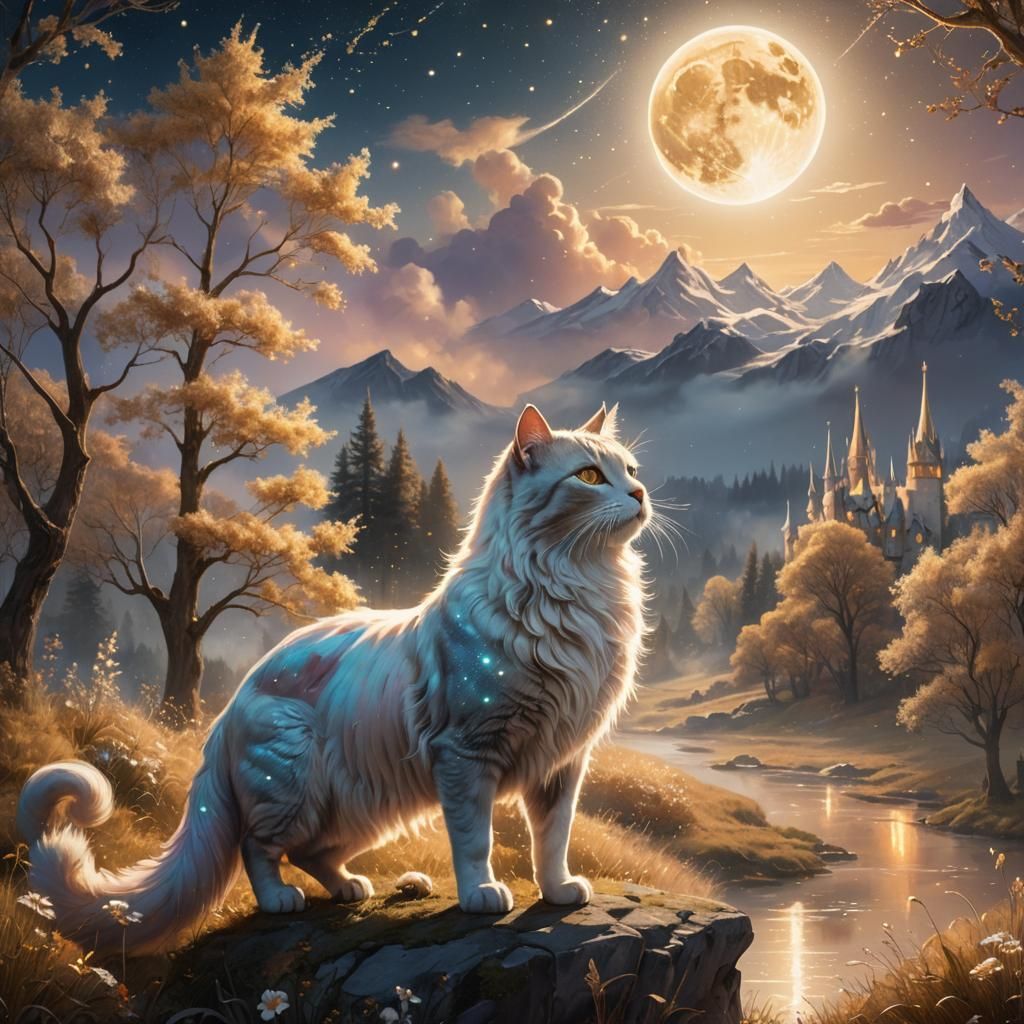 Cat and Unicorn Gaze at Moonlit Landscape