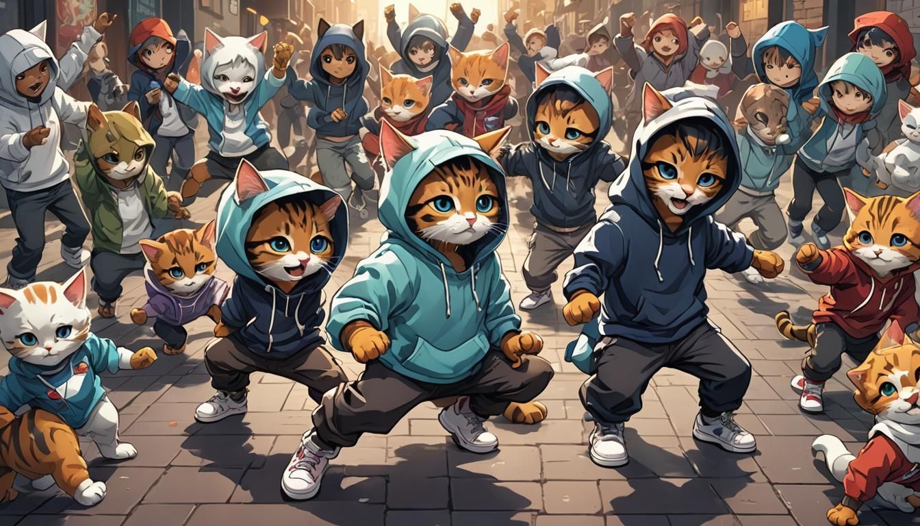 Kittens Breakdancing in Hoodies: Anime Cel-Shaded Art