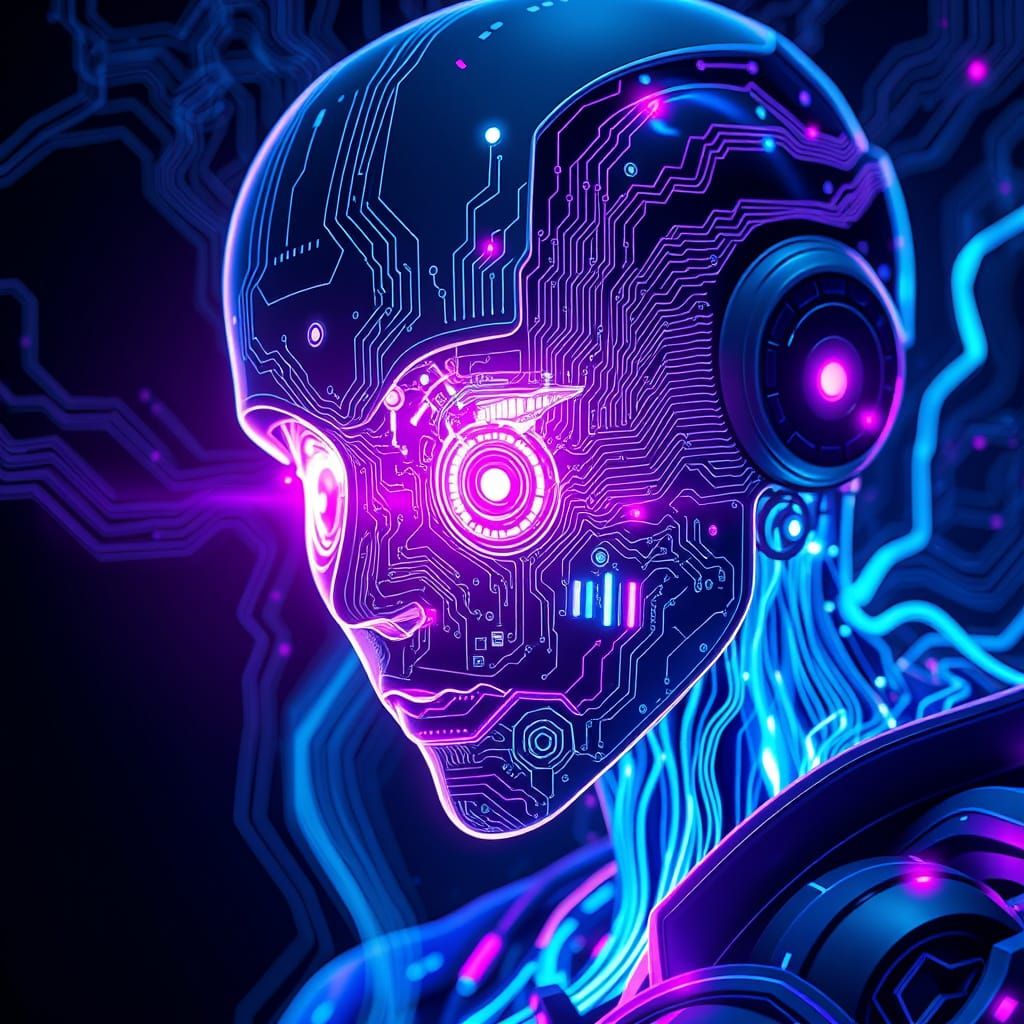 AI Concept Art: Robotic Self-Portrait in Neon Studio