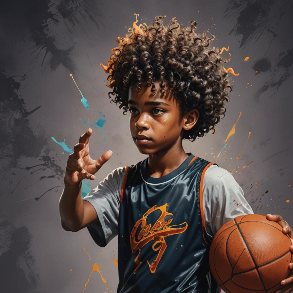 Curly Haired Boy Holding Basketball in Hyperrealistic Style