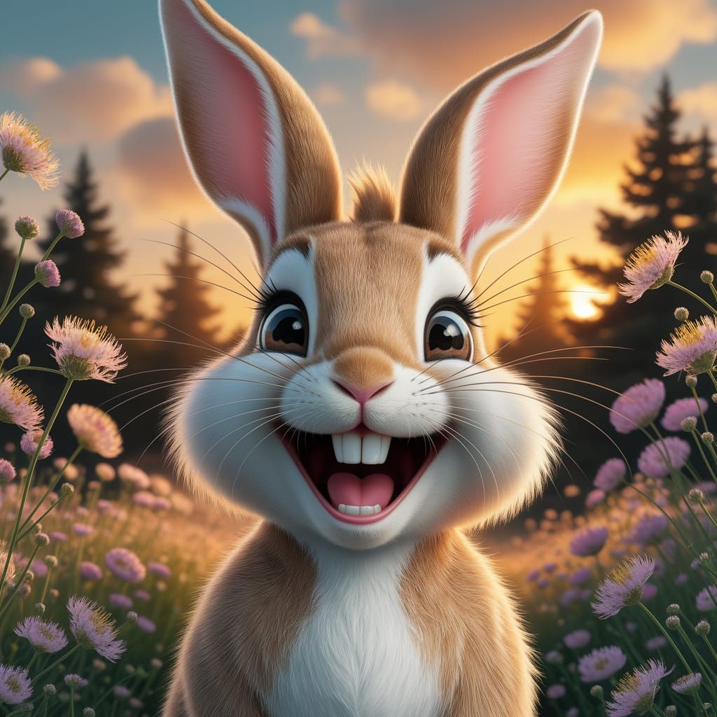 Laughing Bunny in Wildflower Meadow at Sunset