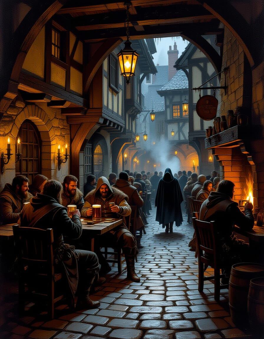 Medieval Tavern Scene in Gritty Oil Painting Style