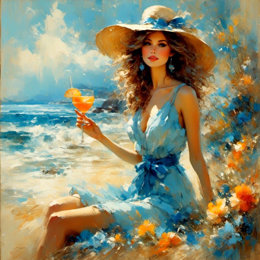 Beach Scene with Woman in Impasto Style