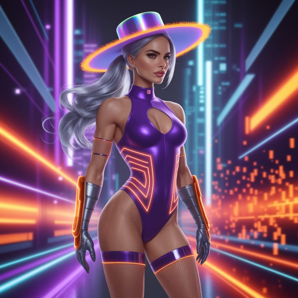 A futuristic vixen in a sleek, high-cut purple leotard with ...