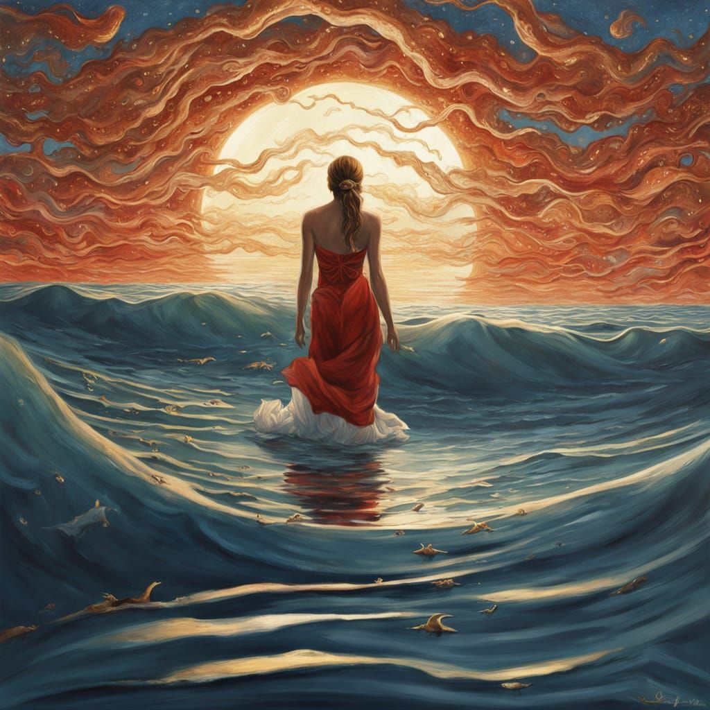 Surreal Beach Scene: Woman in Red Swimsuit Walks Through Shi...