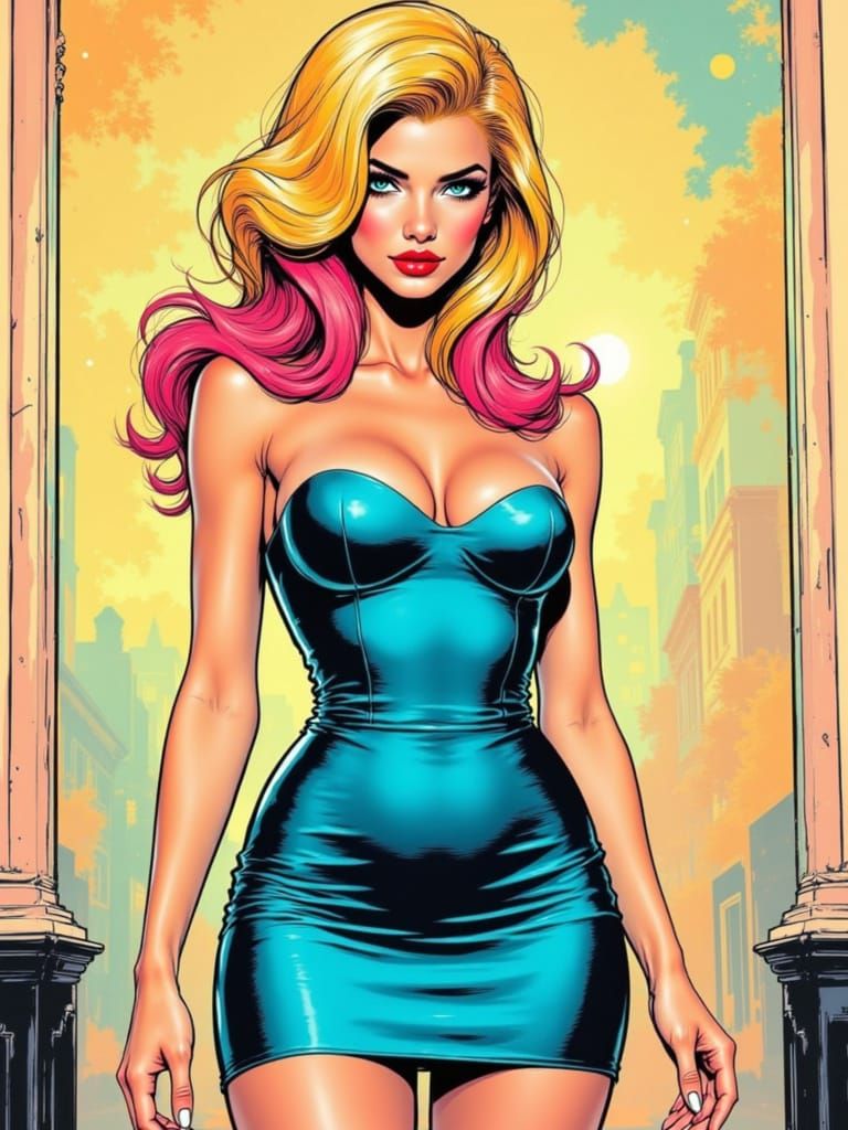 Pin Up Woman With Pink Tipped Hair In Metallic Dress