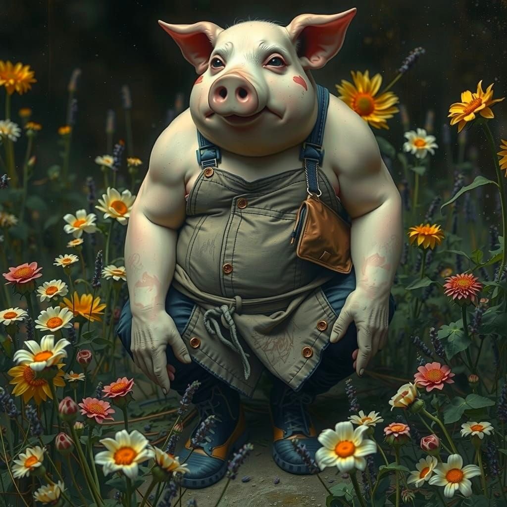 Pig-Headed Man in Flower Garden, Sinister Art