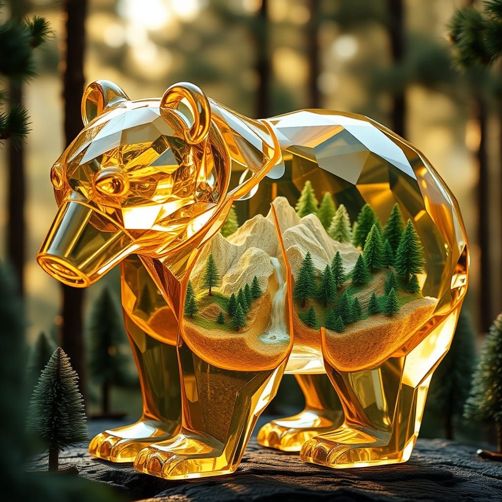 Crystal Glass Bear with Miniature World Inside