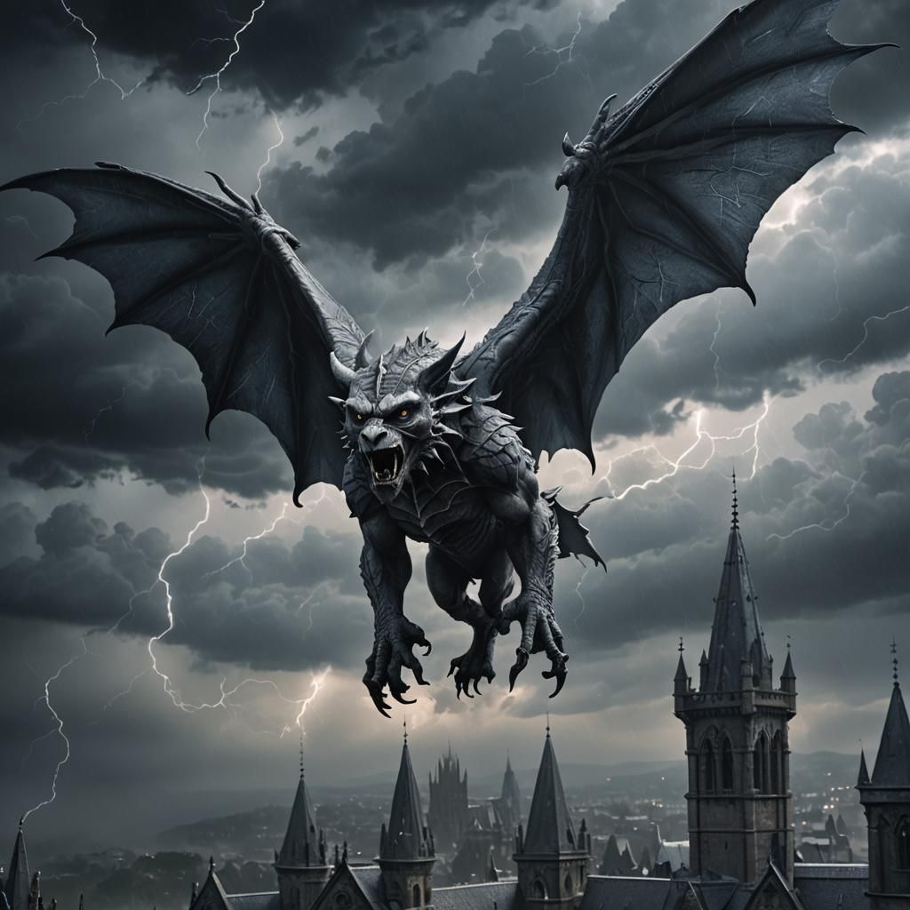Gargoyle in Flight Amidst a Thunderstorm
