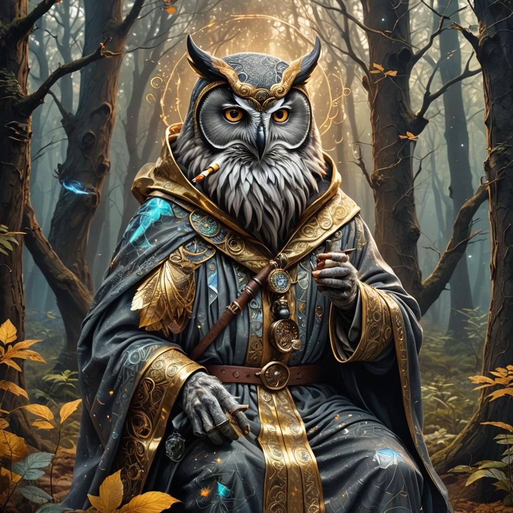 Owl-folk Druid in Cosmic Forest Illustration