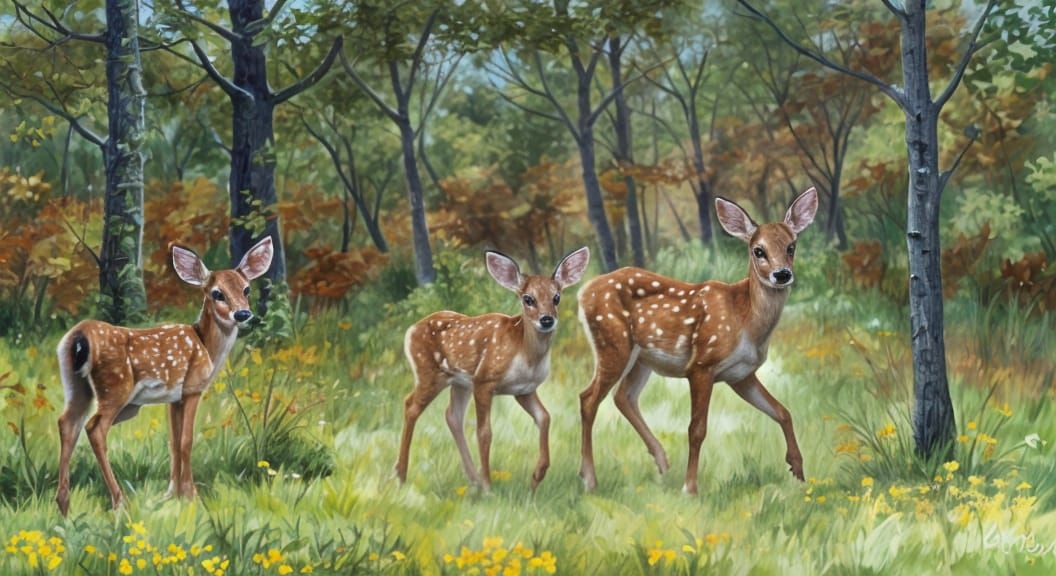 Fawns in a clearing, as a gouache art, impasto oil paint, wh...