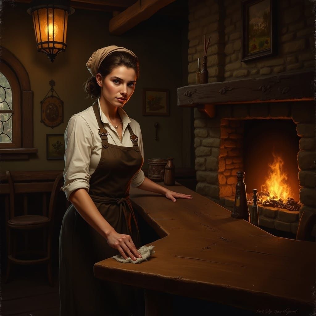 Barmaid in Moody Tavern Oil Painting