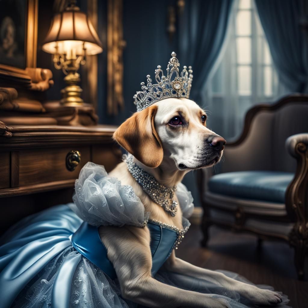 Dog as Cinderella in Hyperrealistic Detail