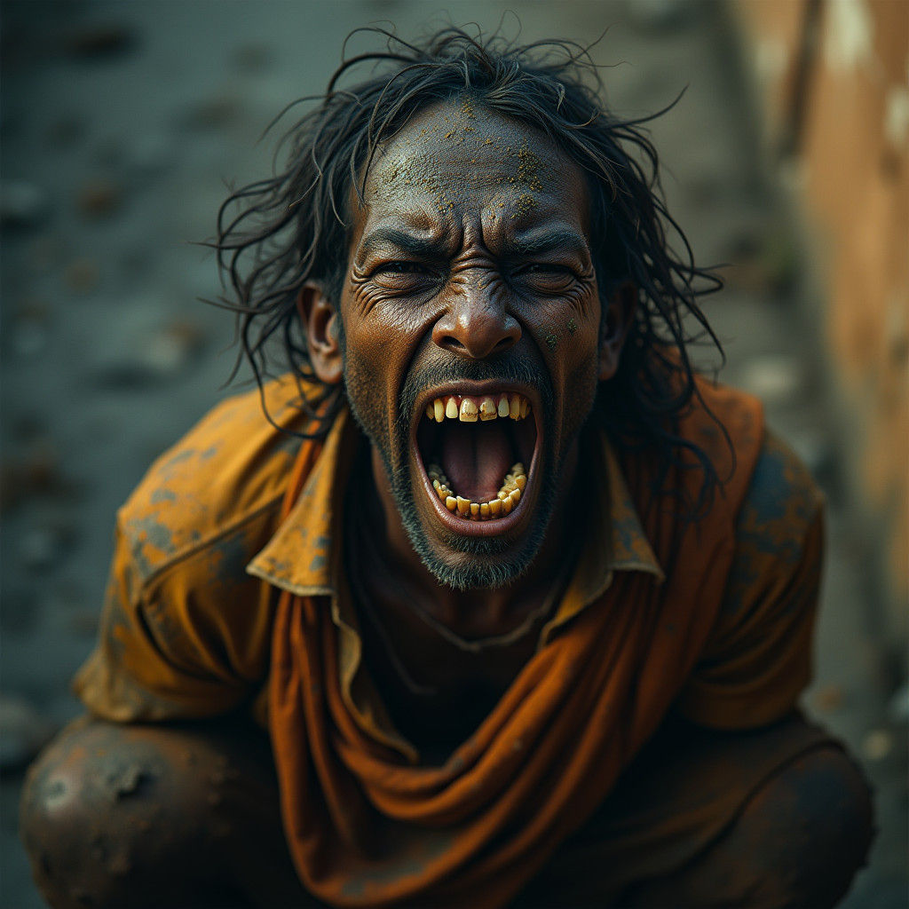 Distressed Indian Man Screaming in Neorealist Style
