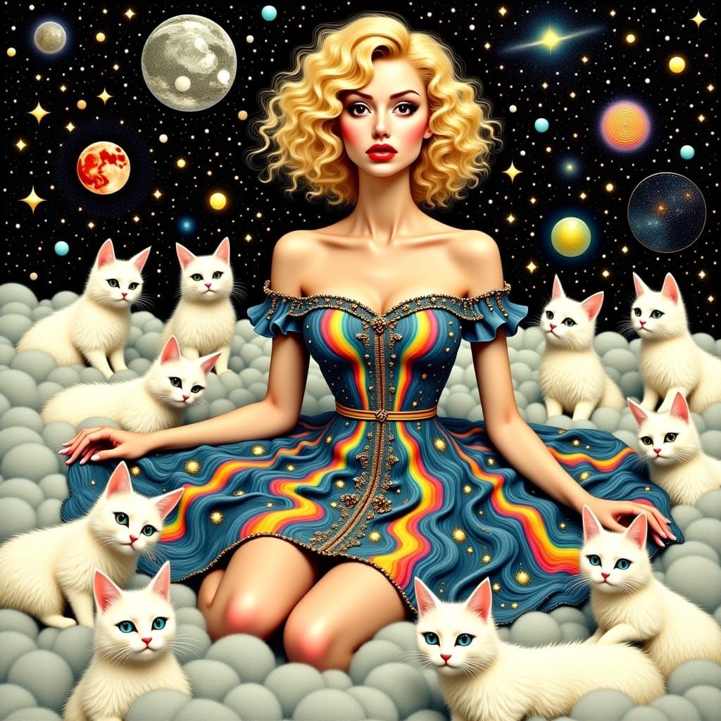 Rockabilly Woman with Cats in Space, Crumb Style