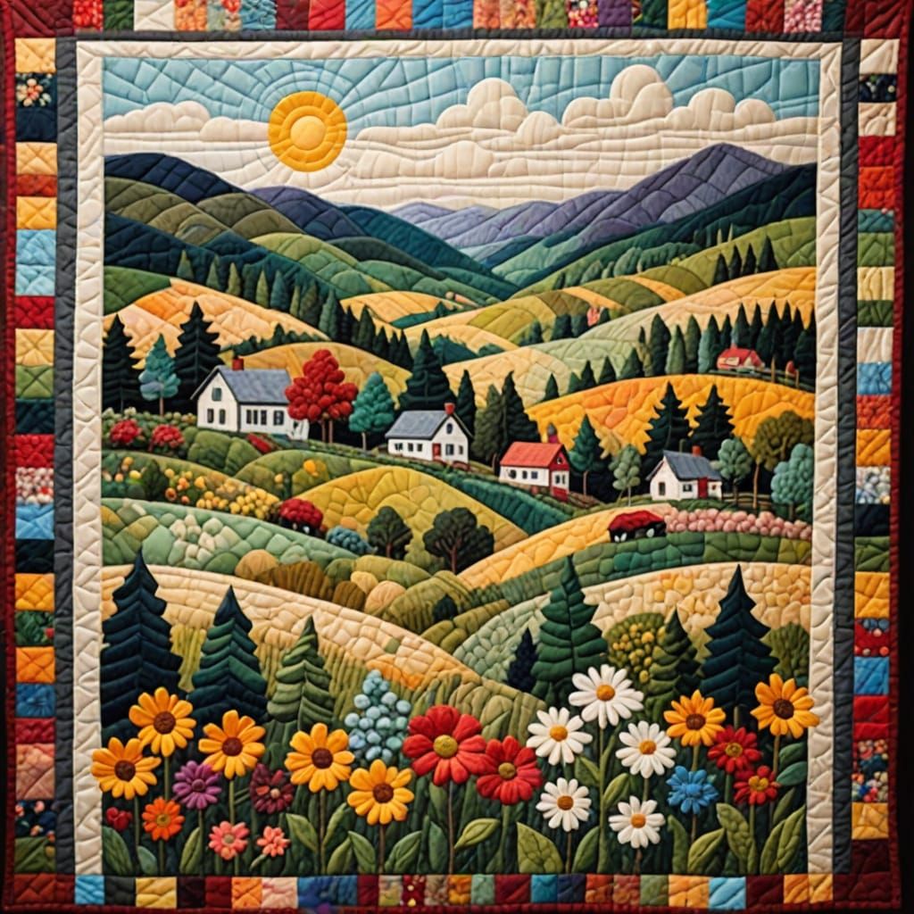 Impressionist Quilted Landscape in Naive Art Style