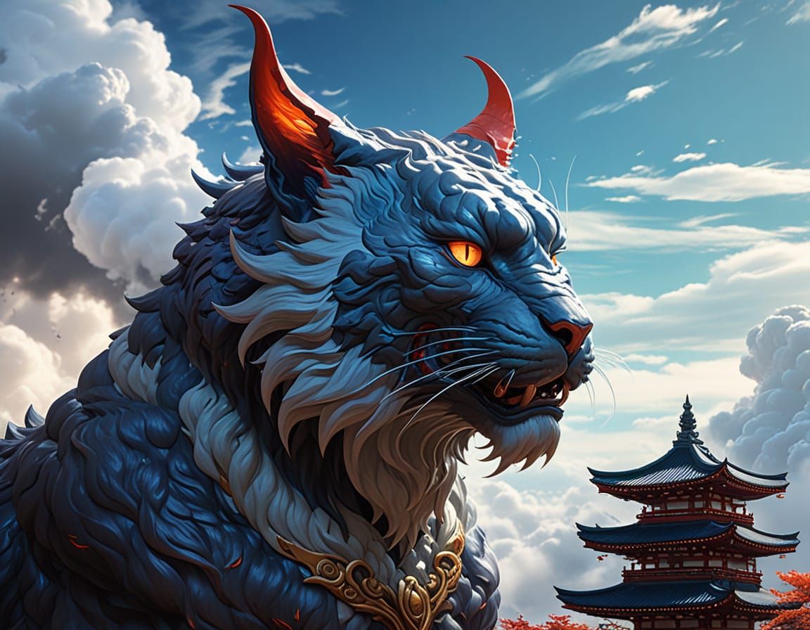 Japanese Nihonga Demon Cat Emerging from Clouds in Triadic C...