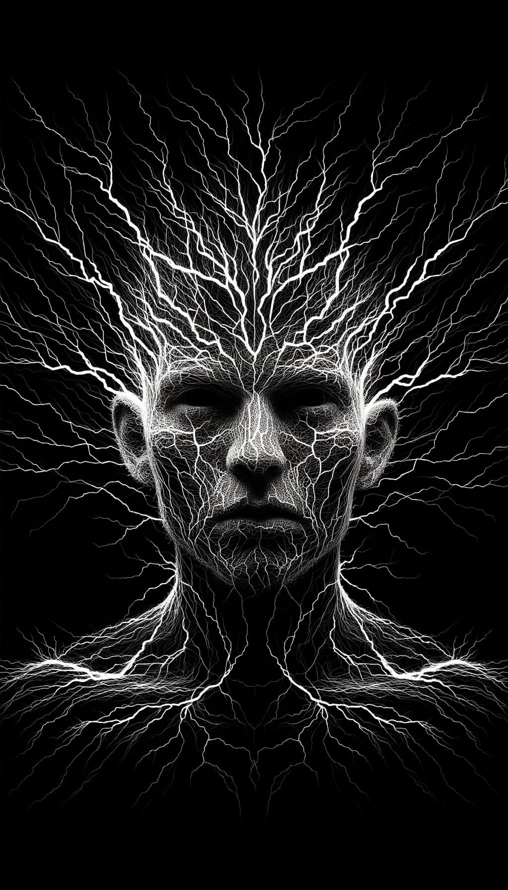 Monochromatic Portrait: Lightning Cracks on Black Glass