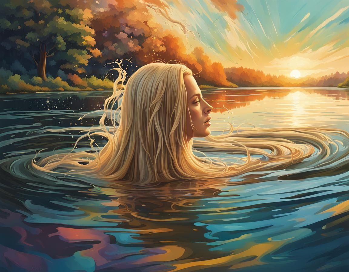 Woman with Long Hair Washing in Lake: Hyperrealistic Splash ...