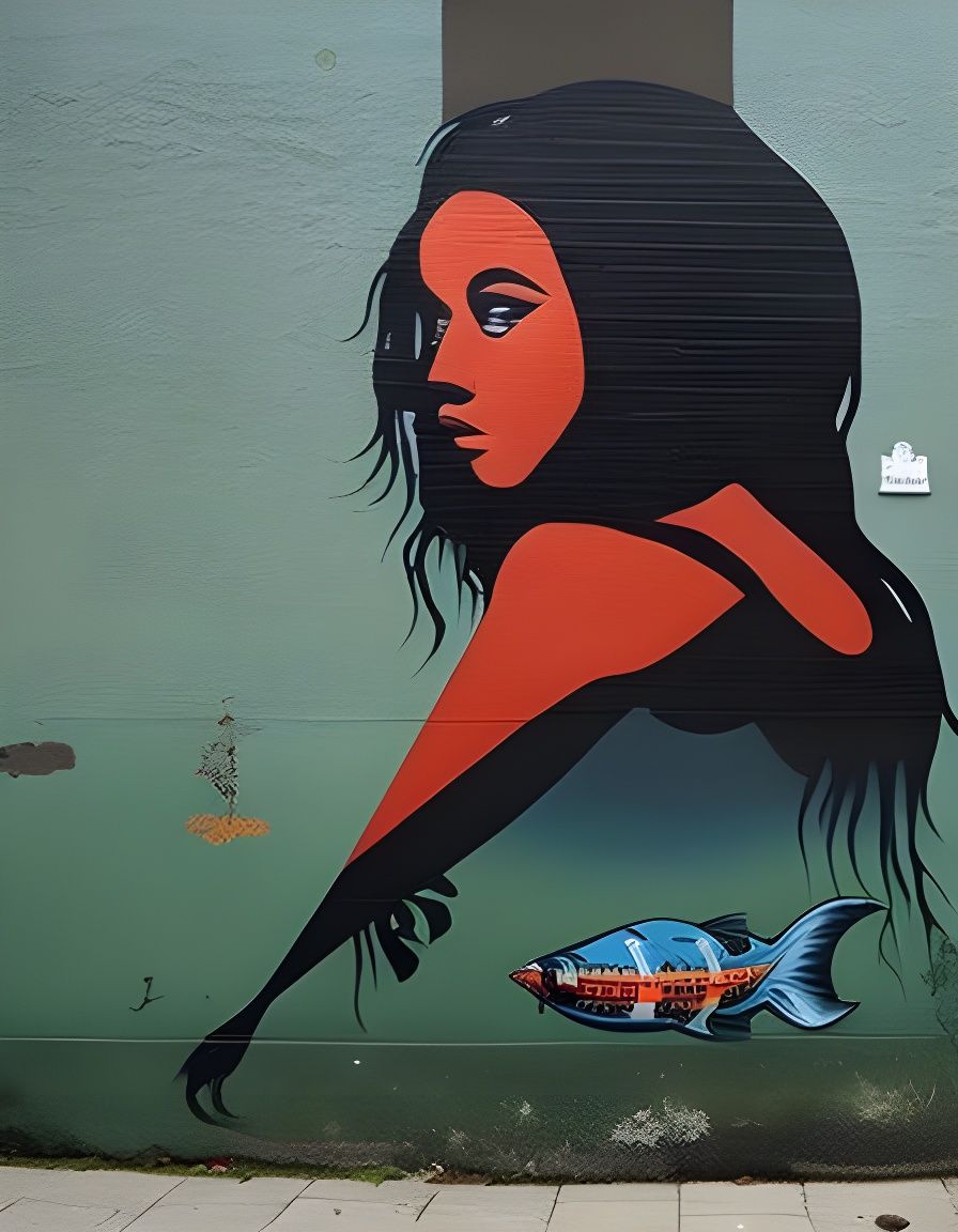 Mural of Woman Riding a Giant Fish in Graffiti Style