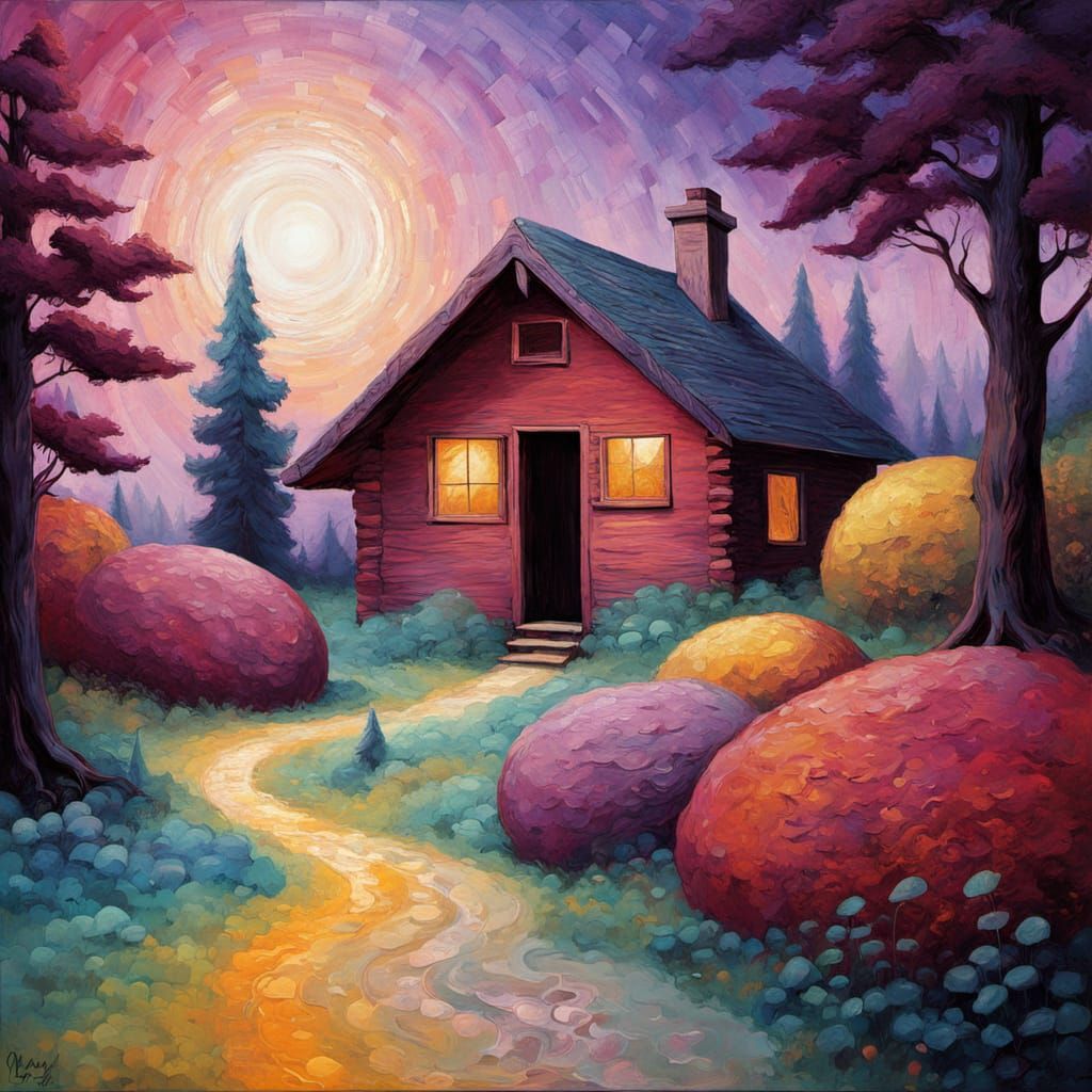 Alien in Log Cabin Garden: Neo-Impressionist Oil Painting