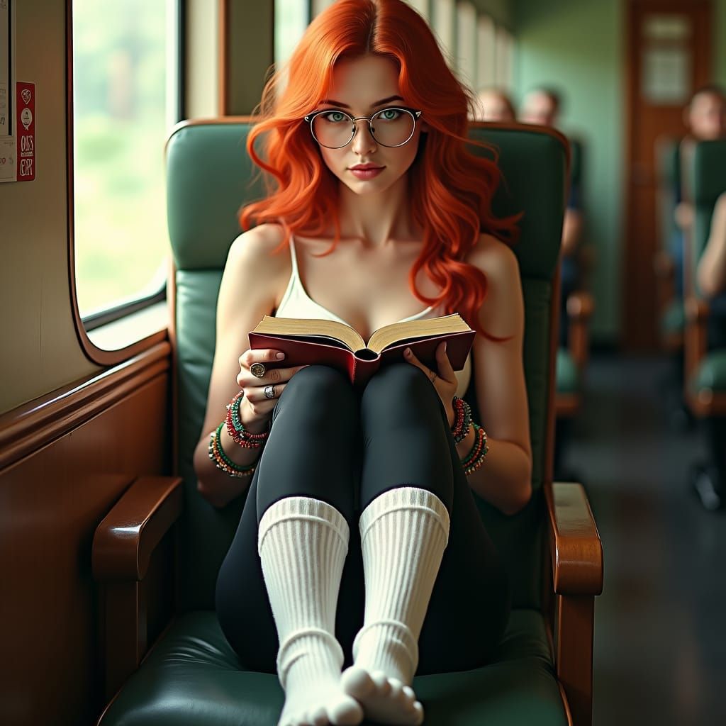 Red-Haired Woman Reading on Train in Art Nouveau Style