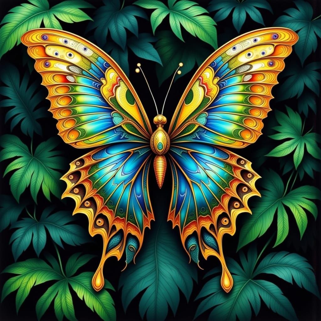 Gold Filigree Butterfly in Lush Jungle Setting