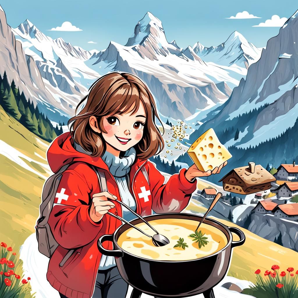 Cute Swiss Girl with Swiss Cheese Fondue