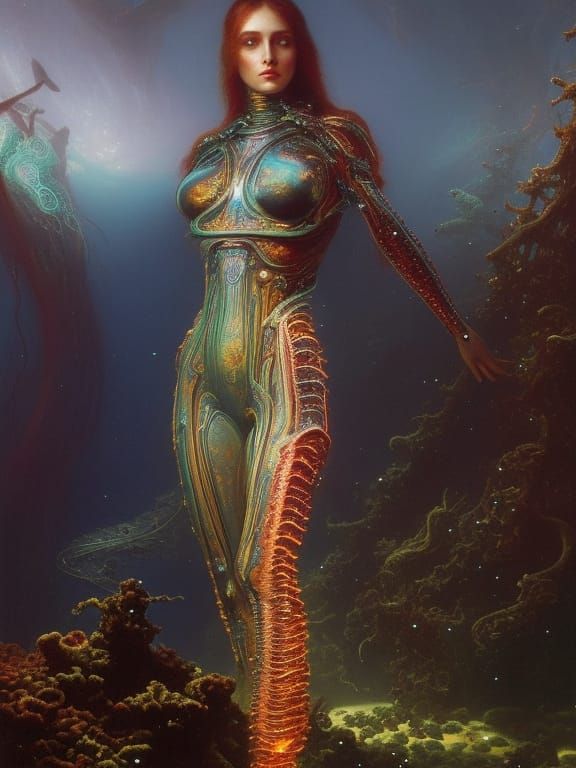 Bioluminescent Alien Lady in Biomechanical Coral Gown