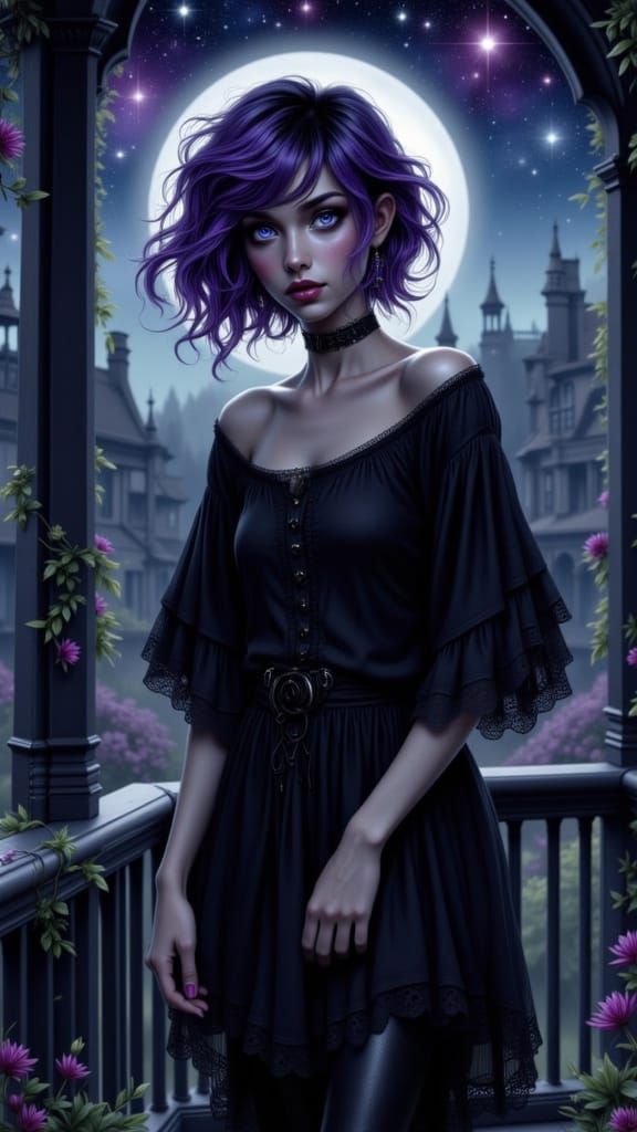 Goth Woman on Craftsman Porch Under Moonlit Sky