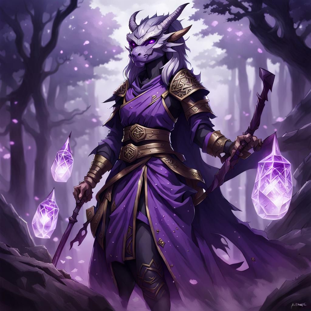 Amethyst Dragonborn Druid in Anime Style
