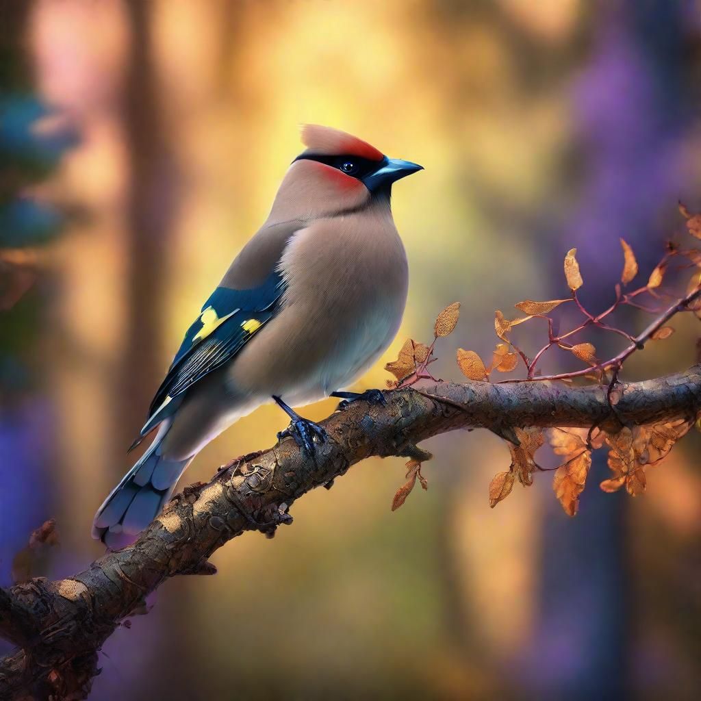 Bohemian Waxwing in Mystical Forest, Art Nouveau Style
