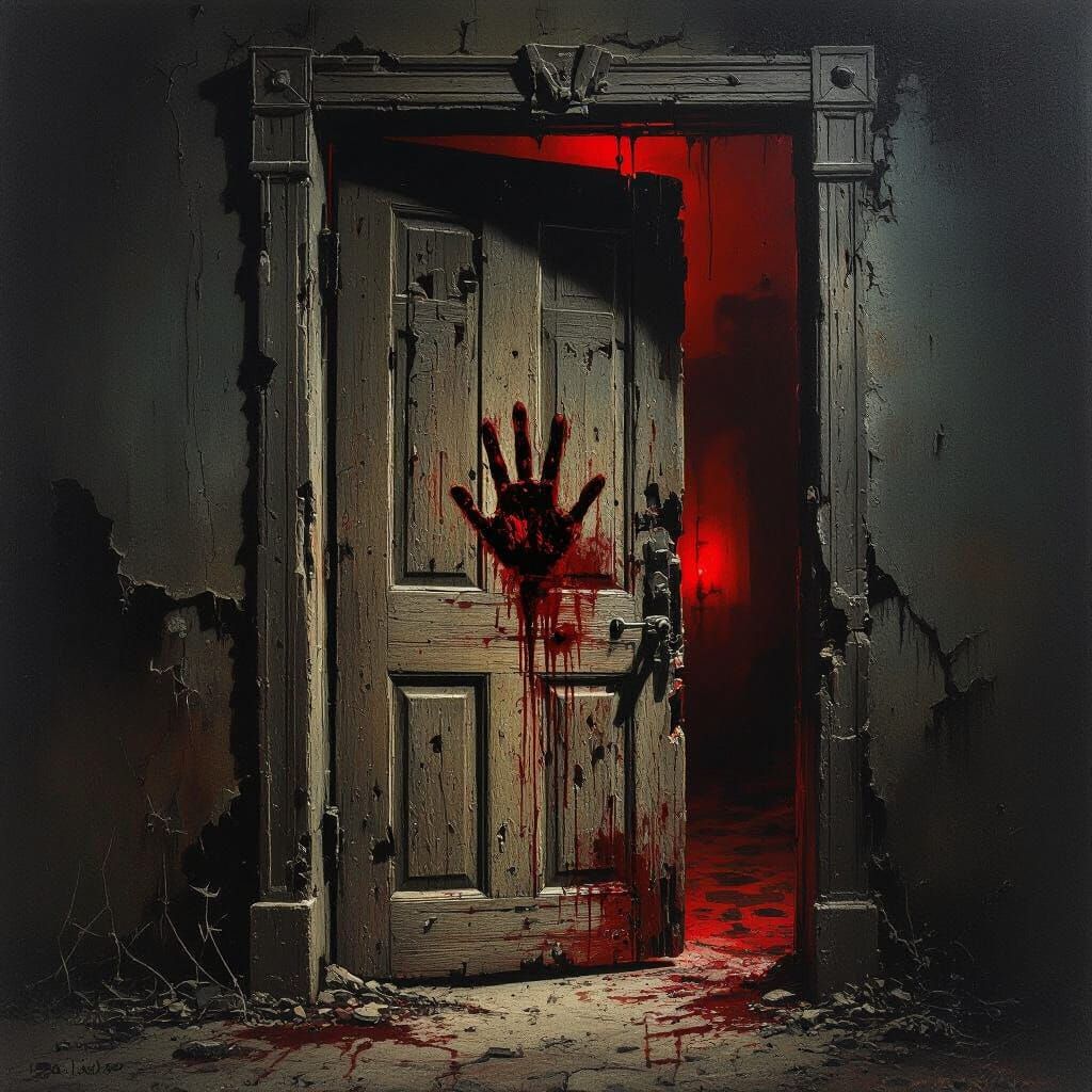 Eerie Blood-Smeared Door in Dark Gothic Style