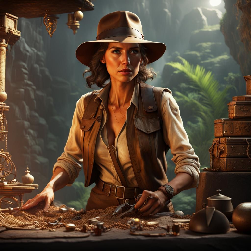 Female Indiana Jones Inspecting Treasure