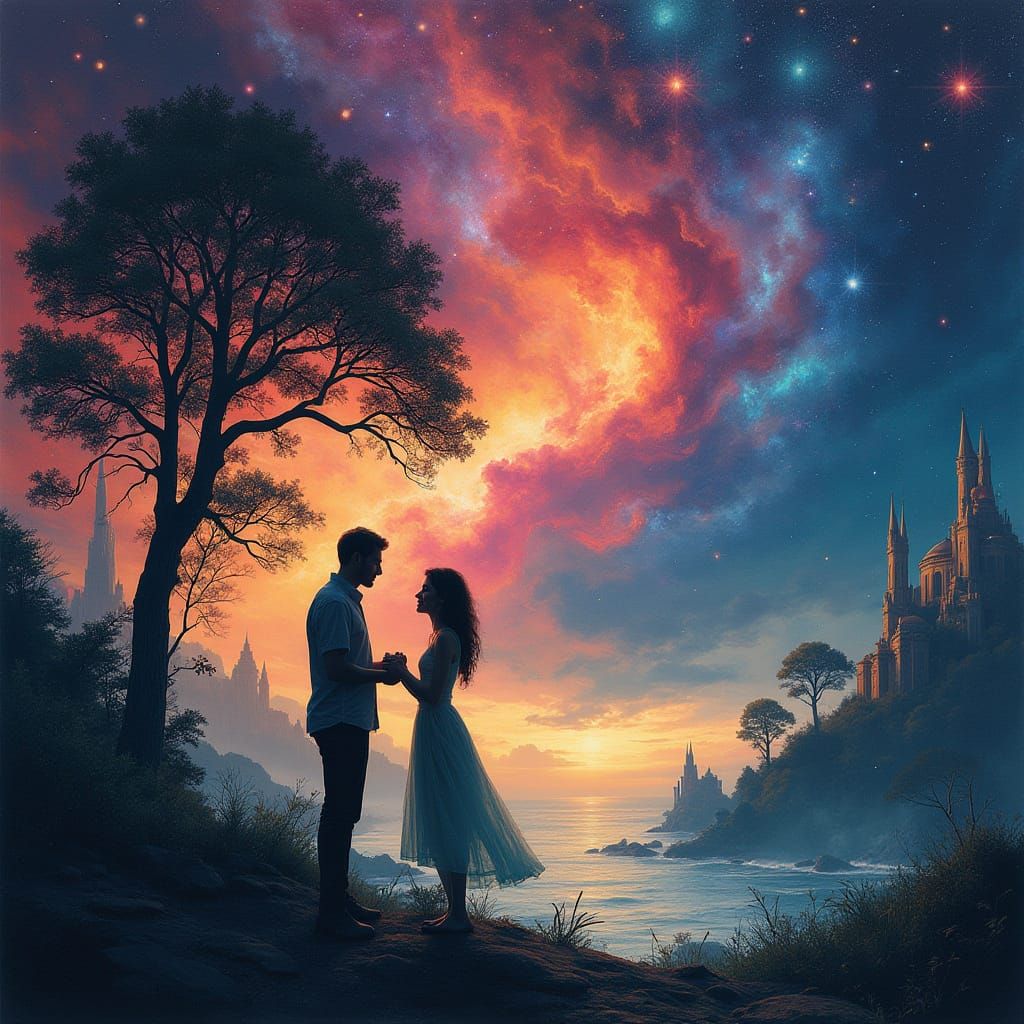 Embracing Couple in Surreal Nebula Landscape