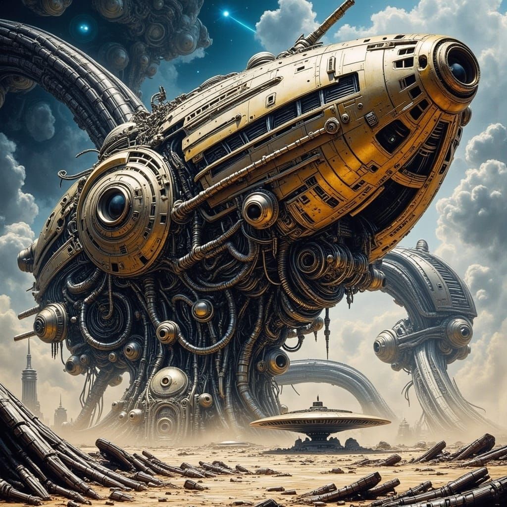 Biopunk Dreadnought Starship in Retrofuturistic Ruin