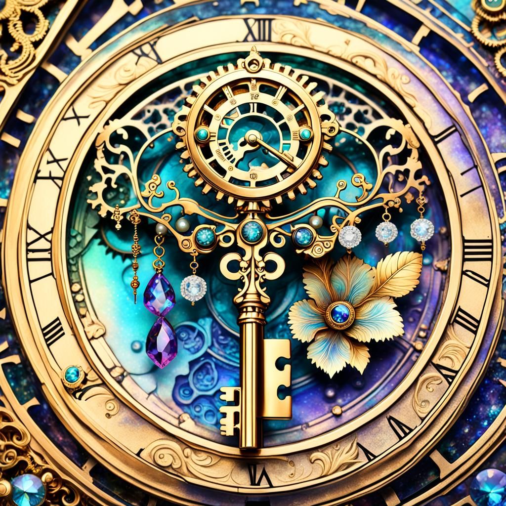 Ornate Steampunk Clock with Key in Gouache Style
