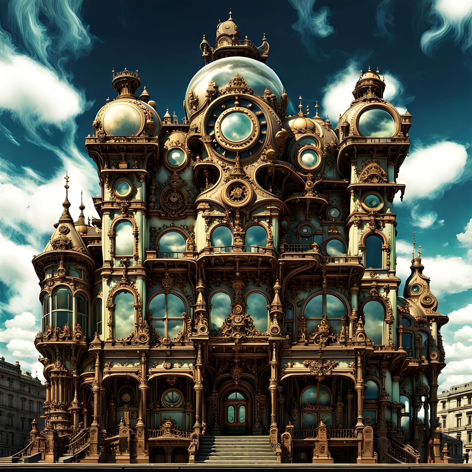 Steampunk Palace with Clockwork and Bubbles