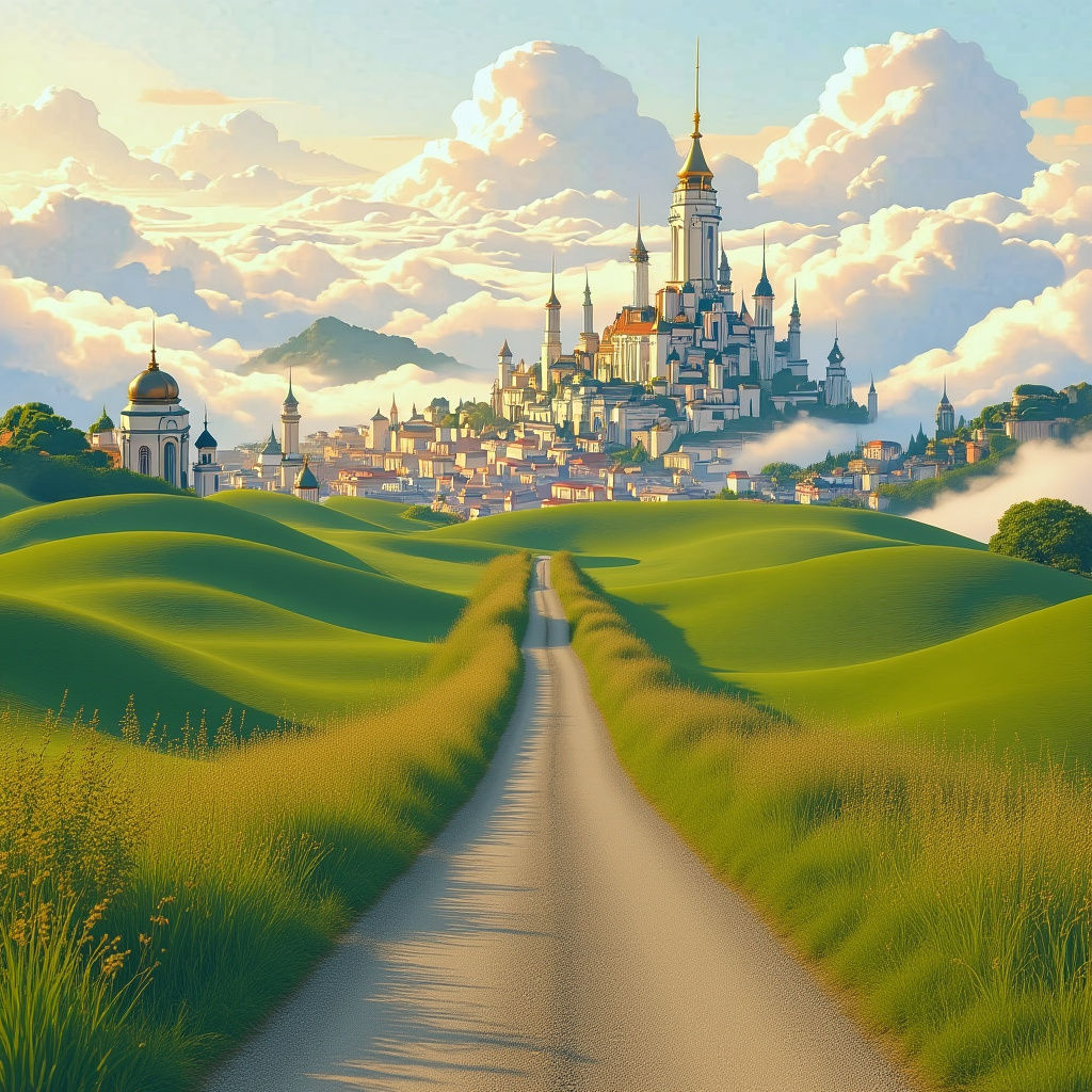 Distant Fantasy City Amidst Morning Clouds