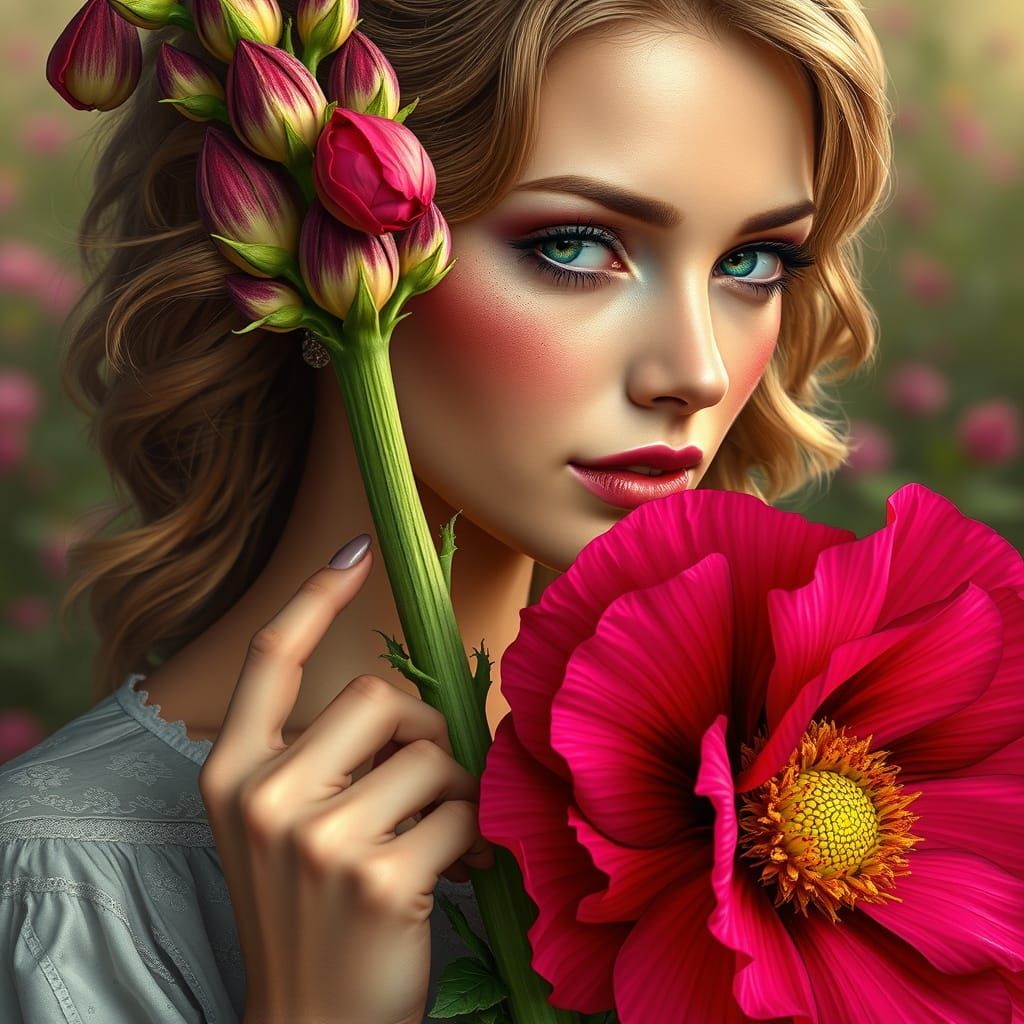 Woman Holding Hollyhock in Hyperrealistic Style