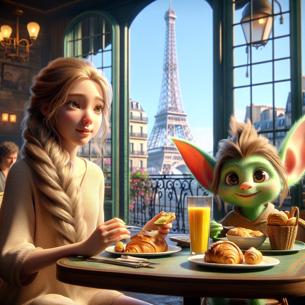 Rapunzel and Baby Yoda's Parisian Breakfast: 3D Digital Art
