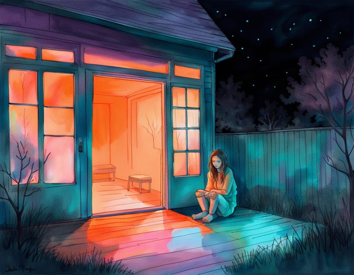 Ethereal Watercolor: Girl on Porch in Foggy Washington