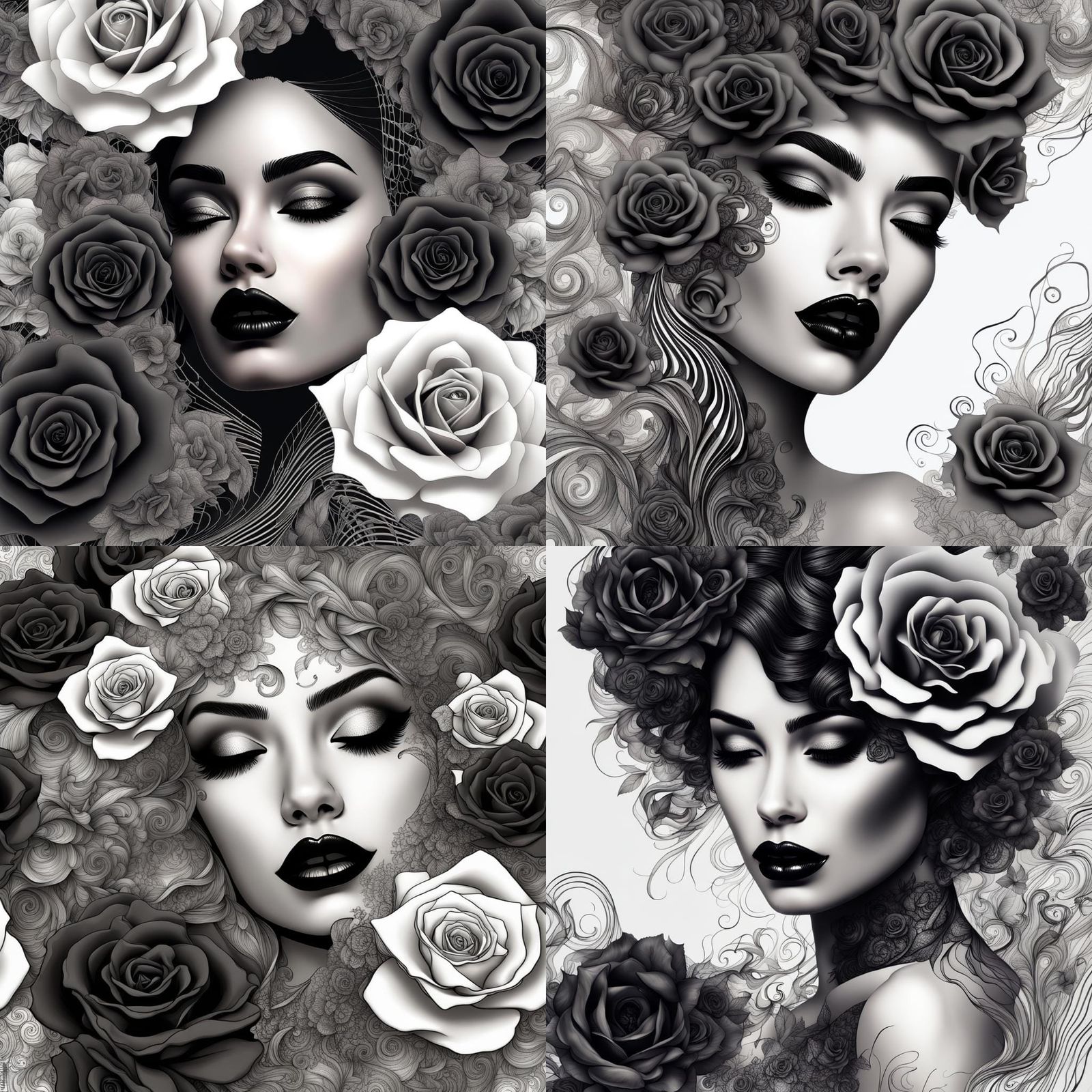 Beautiful Woman with Black Roses in 3D