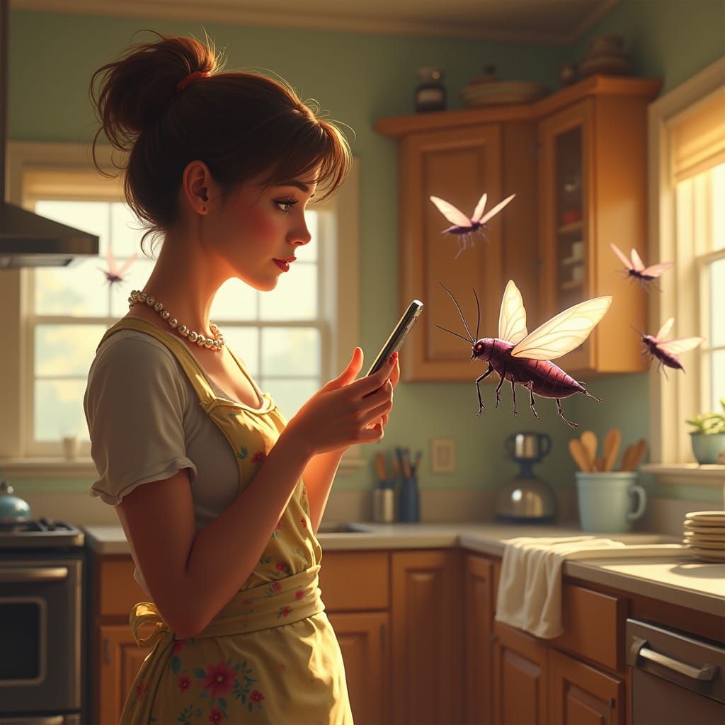 Gothic Housewife Haunted by Ghostly Cockroaches in a Surreal...